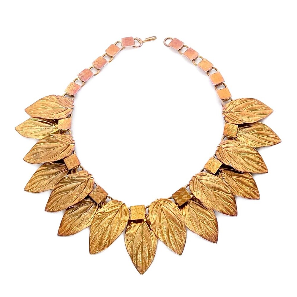50s-60s Etruscan Collar of Bronzed Leaves Choker Necklace Gold Tone Book Chain